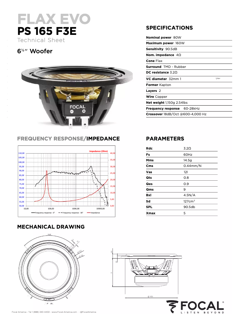 Page 1 de la notice Fiche technique Focal Flax Evo PS 165 F3E