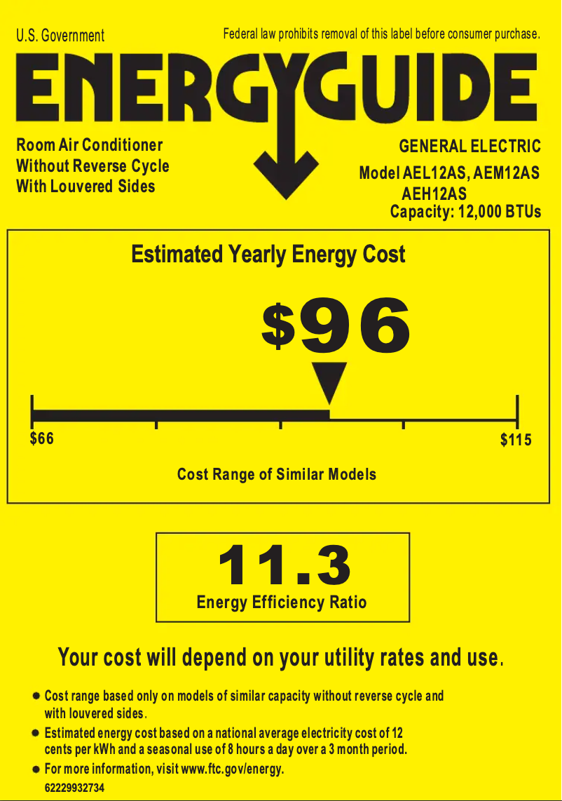 Page 1 de la notice Label énergétique GE AEM12AS