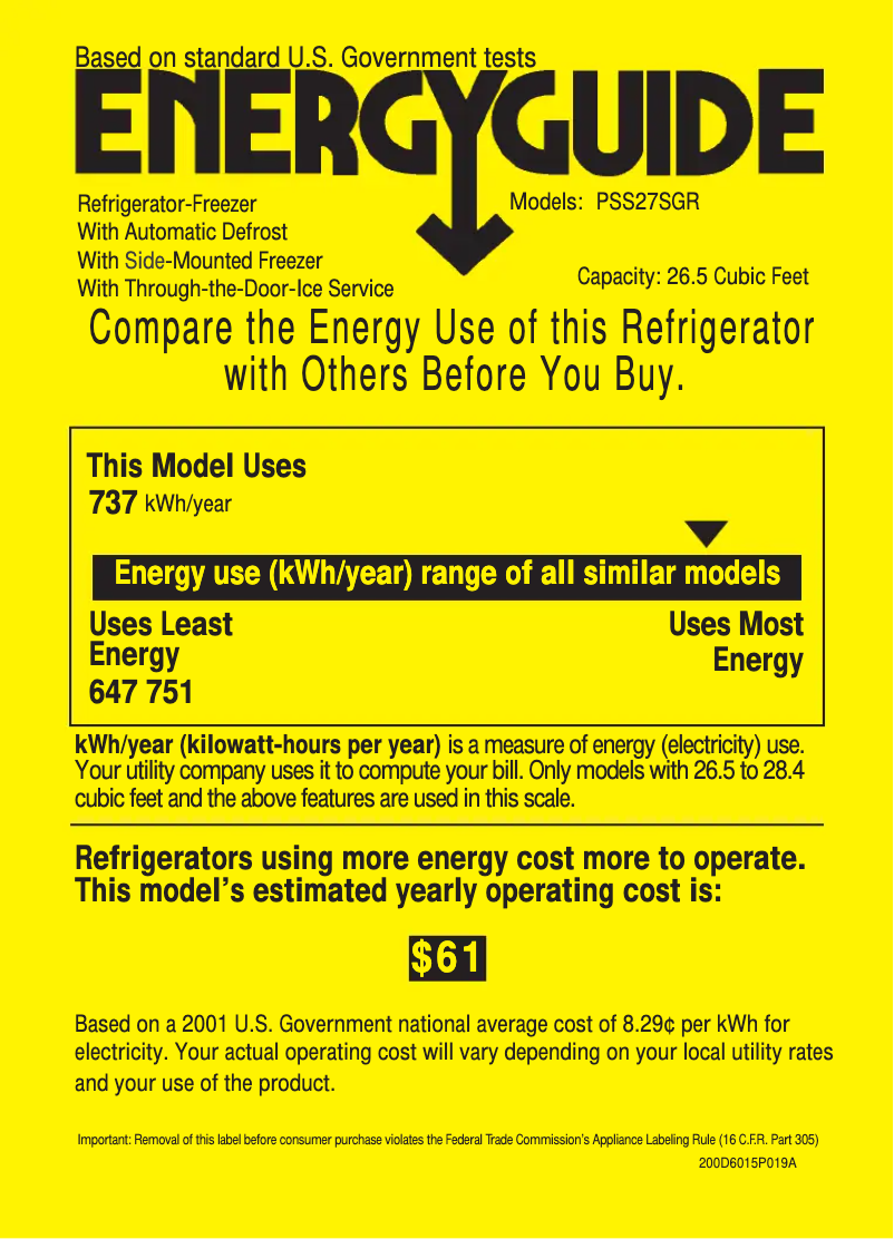 Page 1 de la notice Label énergétique GE Profile PSS27SGRSS