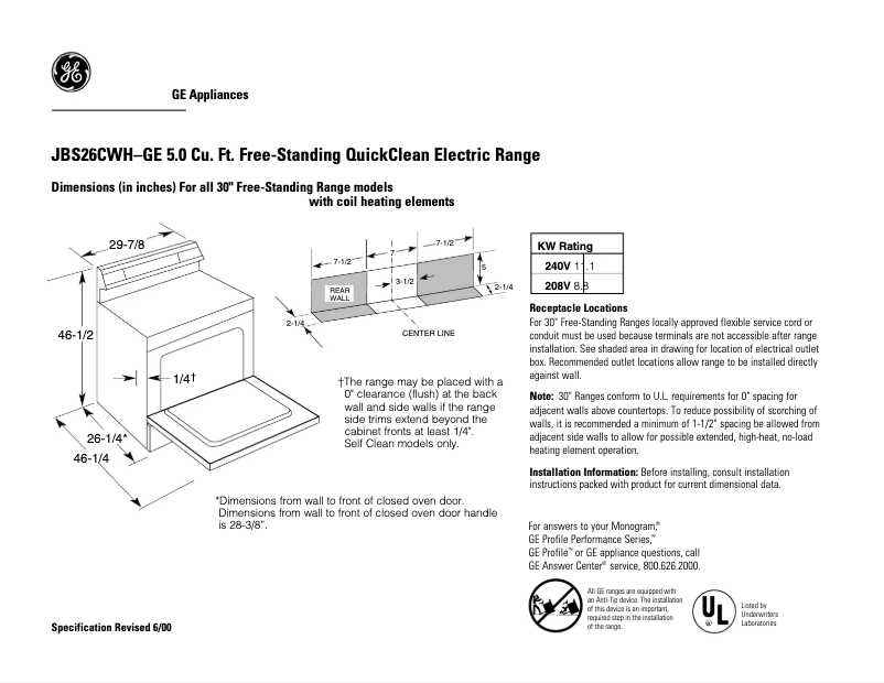 Page n°1 - Fiche technique GE JBS26CWH