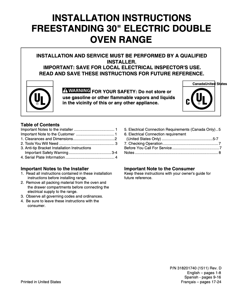 Page n°1 - Guide d'installation Frigidaire FGEF302TPF