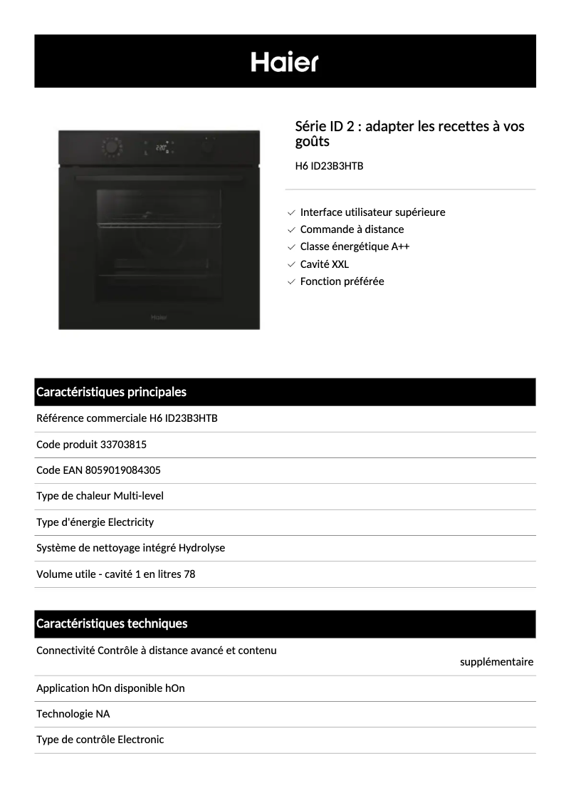 Page 1 de la notice Fiche technique Haier H6 ID23B3HTB