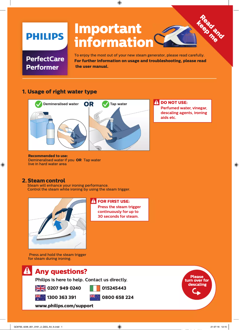 Page n°1 - Guide de démarrage rapide Philips PerfectCare Performer GC8712