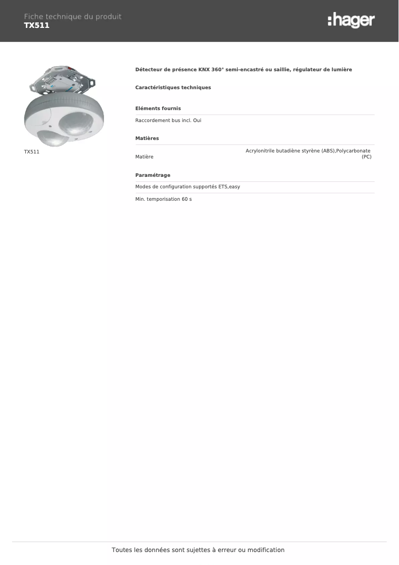 Page n°1 - Fiche technique Hager TX511