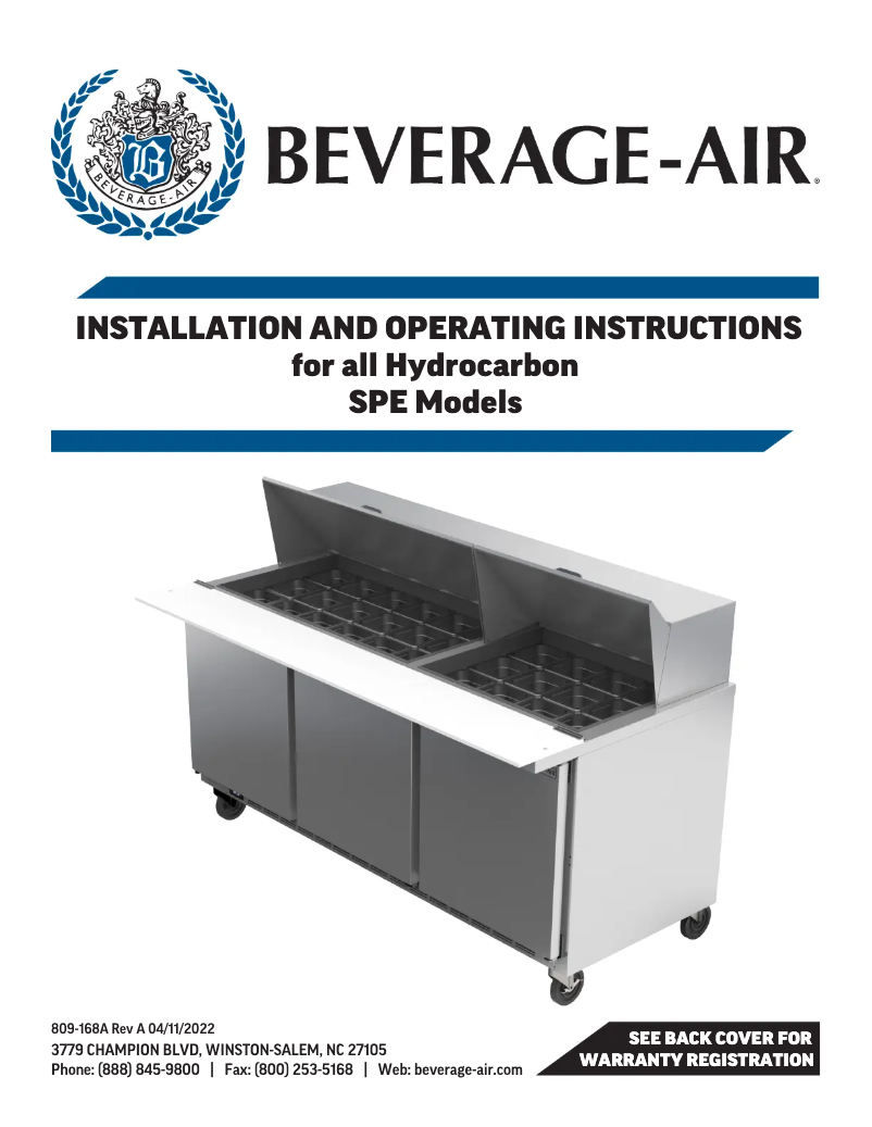 Page n°1 - Manuel utilisateur Beverage-Air SPE72HC-30M