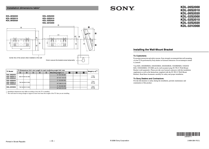 Page 1 de la notice Guide d'installation Sony KDL-26S2010