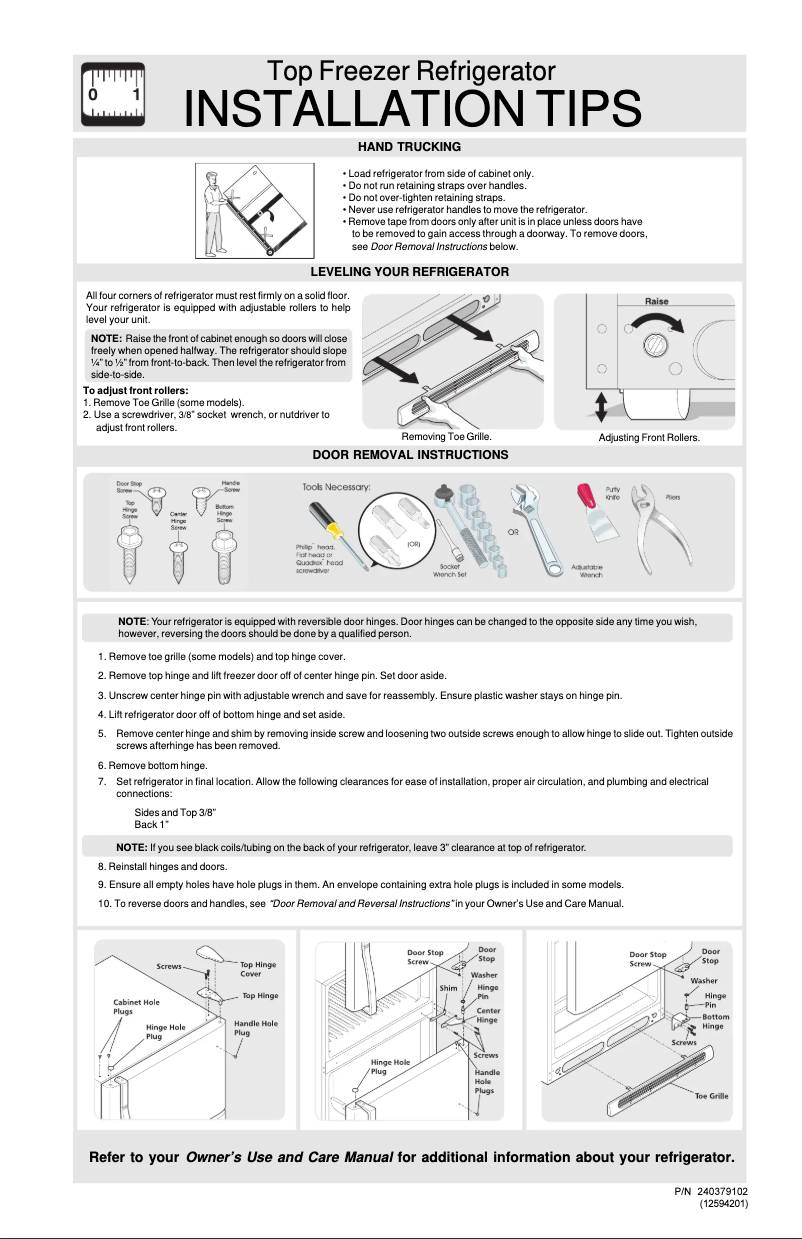 Page n°1 - Guide d'installation Frigidaire FRT18P6BSB