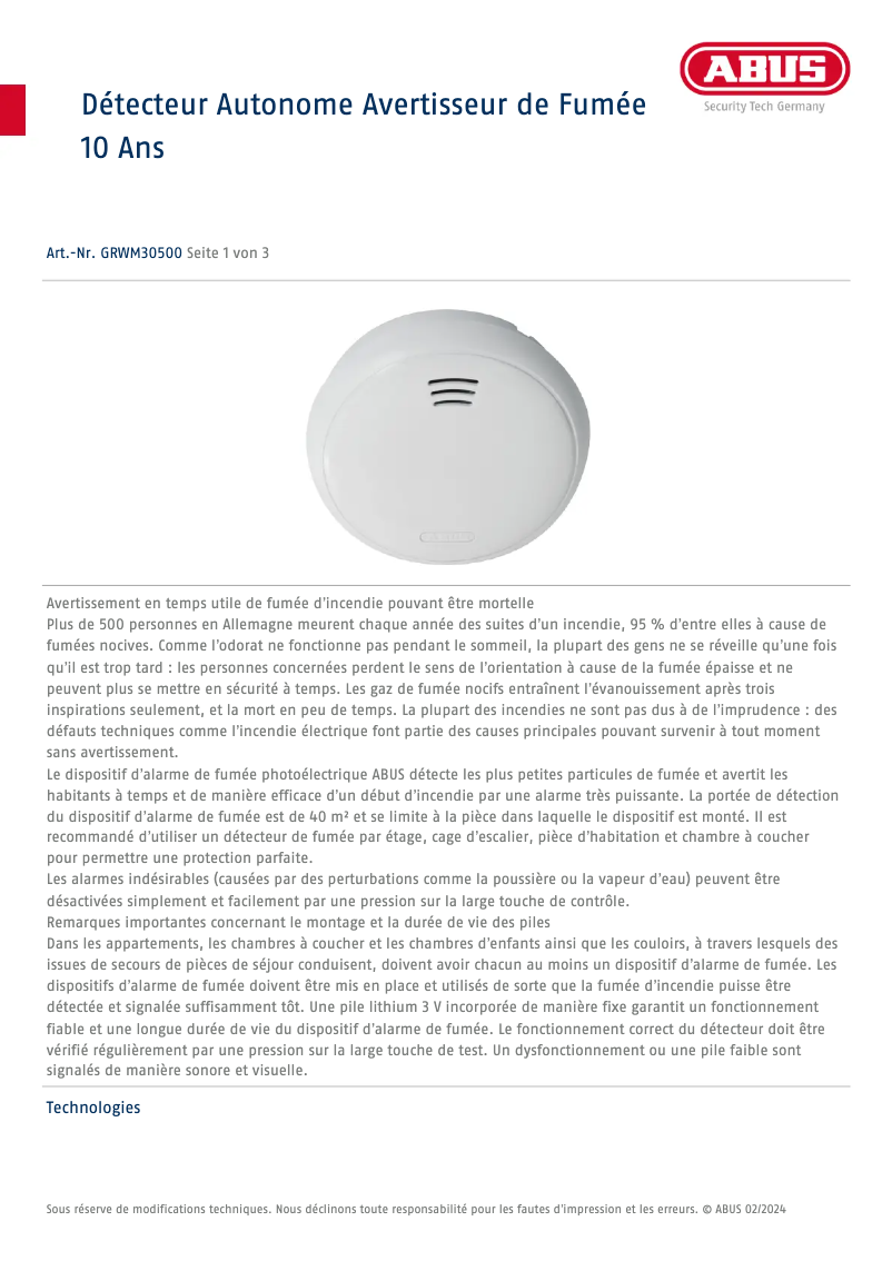 Page 1 de la notice Fiche technique Abus GRWM30500