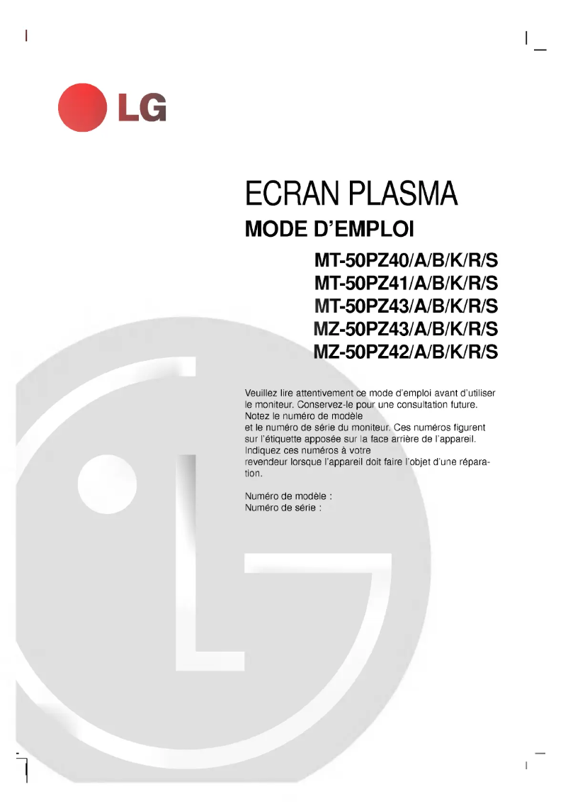 Page 1 de la notice Manuel utilisateur LG MZ-50PZ43S