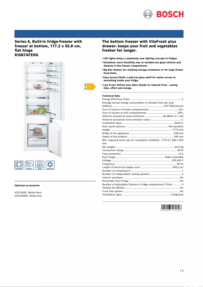 Page 1 de la notice Fiche technique Bosch KIS87AFE0G
