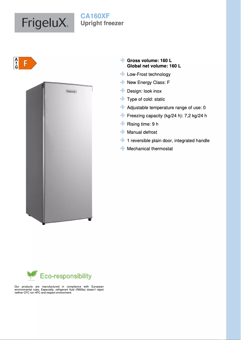 Page 1 de la notice Fiche technique FrigeluX CA160XF