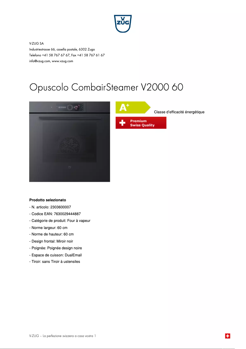 Page 1 de la notice Brochure V-Zug CombairSteamer V2000 60