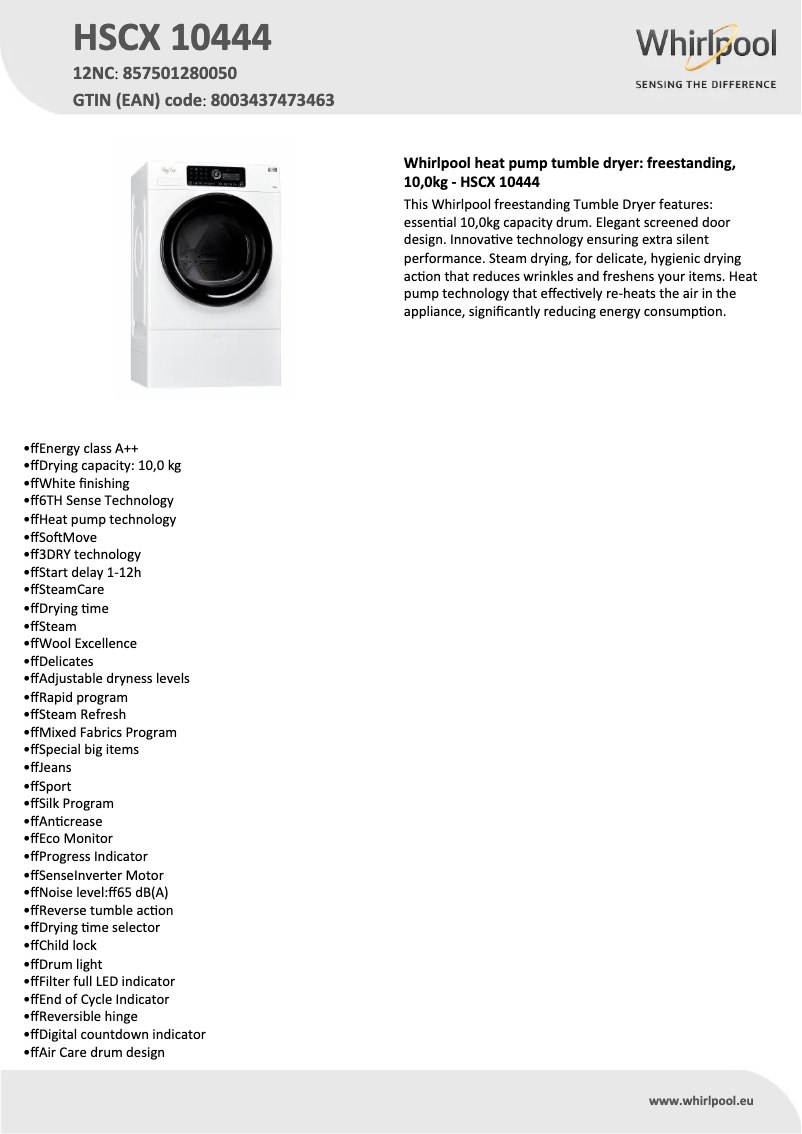 Página 1 del manual Ficha técnica Whirlpool HSCX 10444