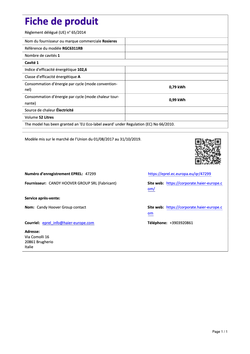 Page n°1 - Fiche technique Rosieres RGC 6311 RB