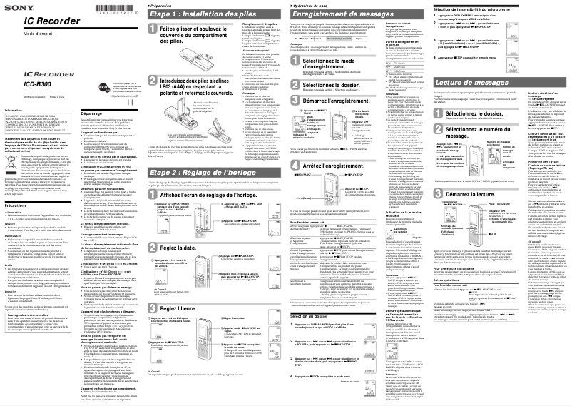 Page 1 de la notice Manuel utilisateur Sony ICD-B300