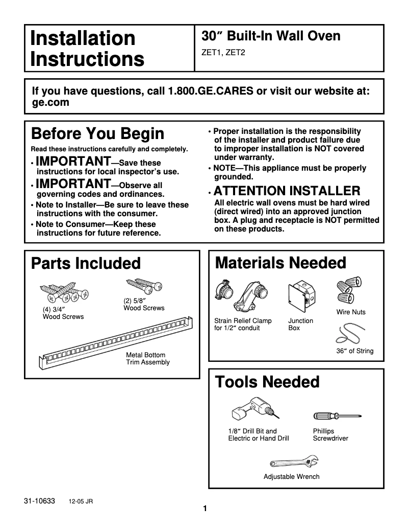 Page 1 de la notice Guide d'installation GE ZET2PLSS