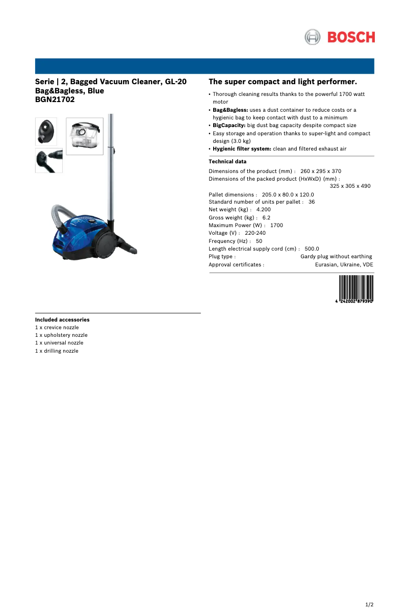 Page 1 de la notice Fiche technique Bosch BGN21702