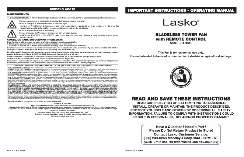 Page 1 de la notice Manuel utilisateur Lasko AC615