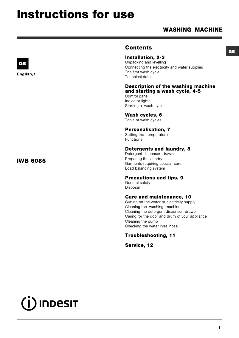 Página 1 del manual Manual de usuario Indesit IWB 6085