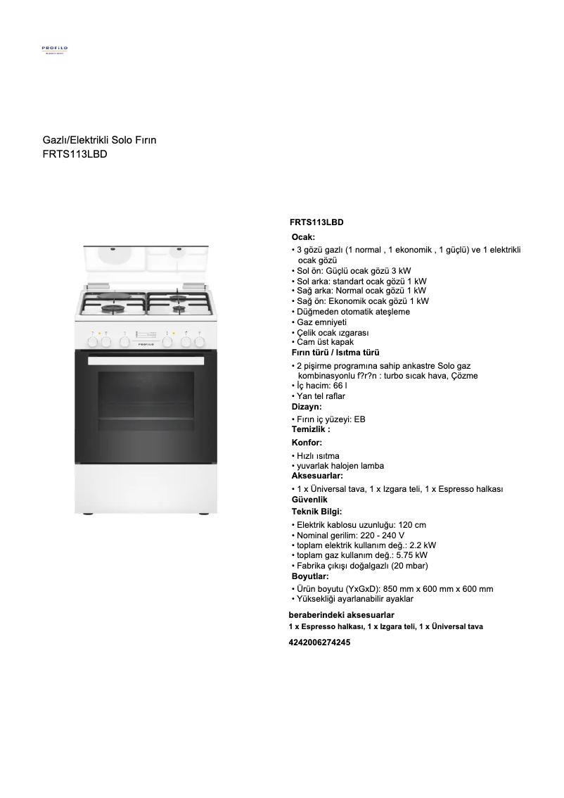 Page 1 de la notice Fiche technique Profilo FRTS113LBD