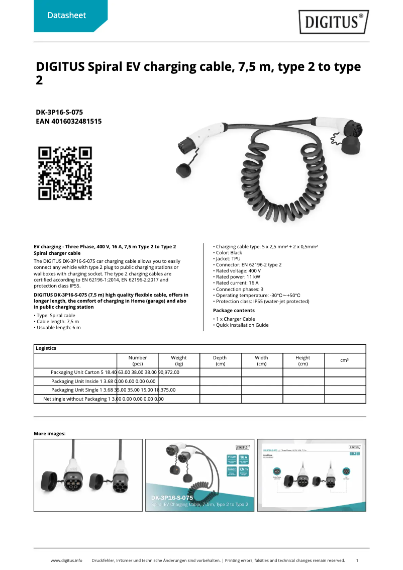 Page 1 de la notice Fiche technique Digitus DK-3P16-S-075