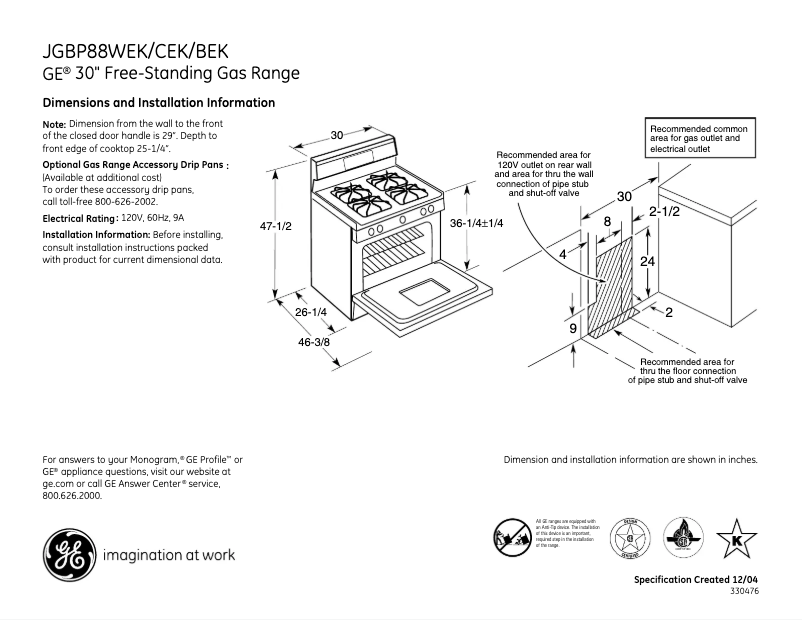 Page n°1 - Fiche technique GE JGBP88CEKCC