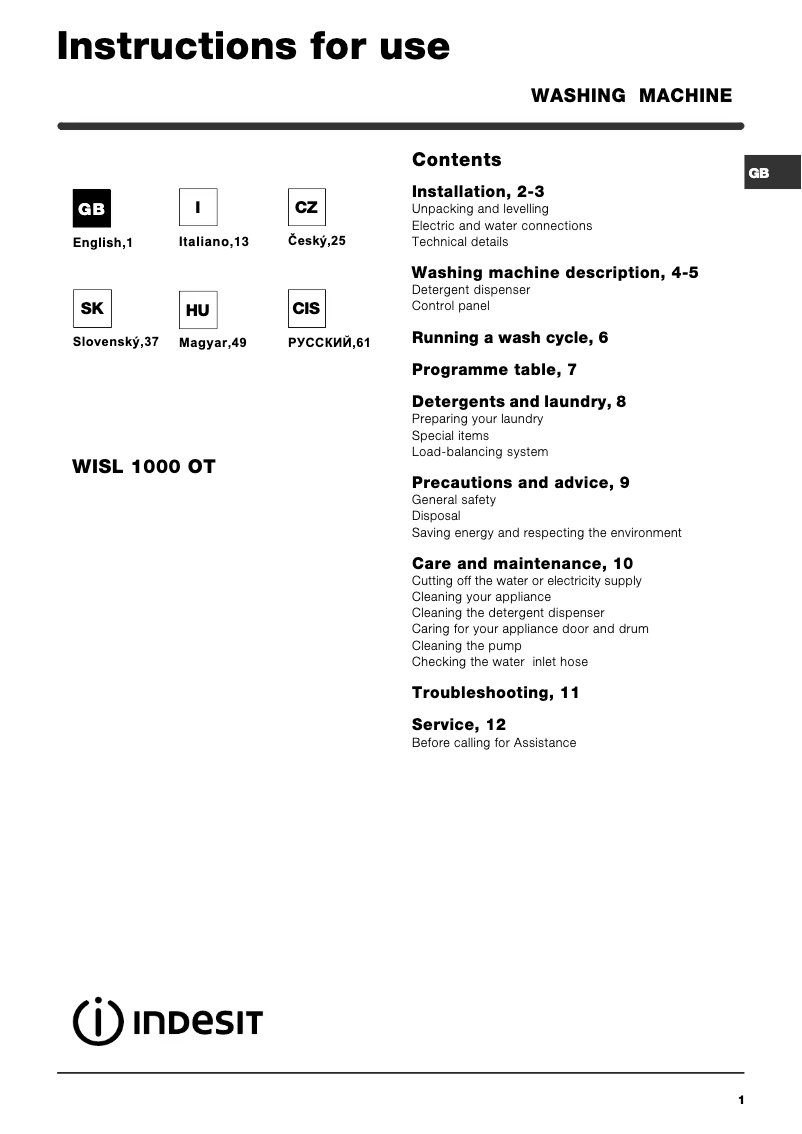 Page 1 de la notice Manuel utilisateur Indesit WISL 1000 OT