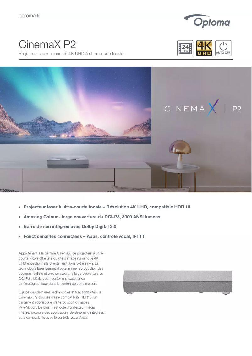 Page 1 de la notice Fiche technique Optoma CinemaX P2