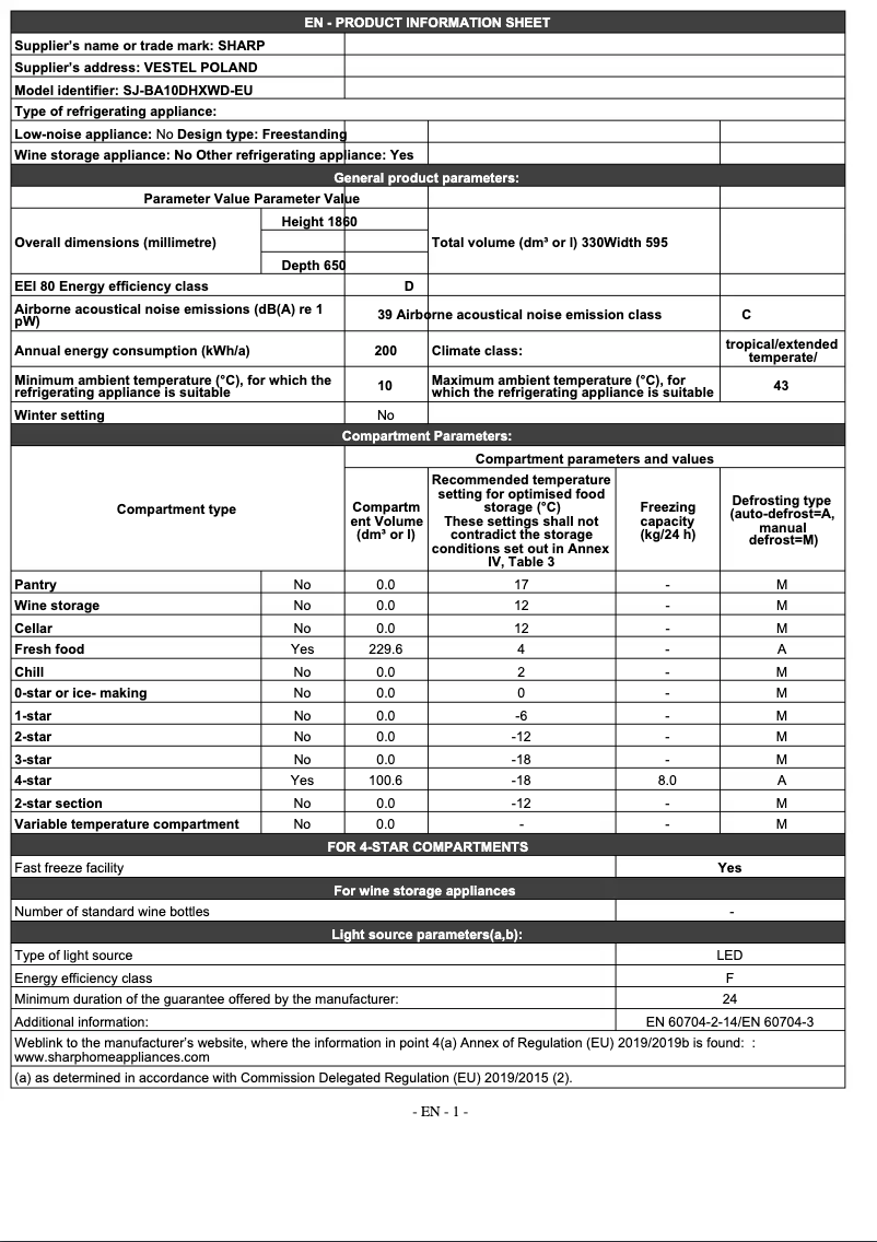 Page 1 de la notice Manuel utilisateur Sharp SJ-BA10DHXWD-EU