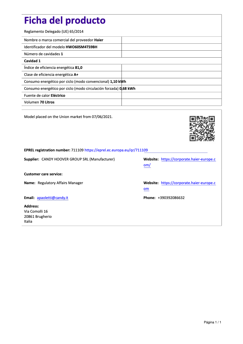 Page 1 de la notice Fiche technique Haier HWO60SM4TS9BH