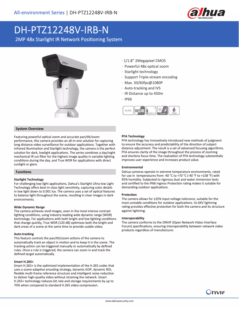 Page 1 de la notice Fiche technique Dahua Technology PTZ12248V-IRB-N