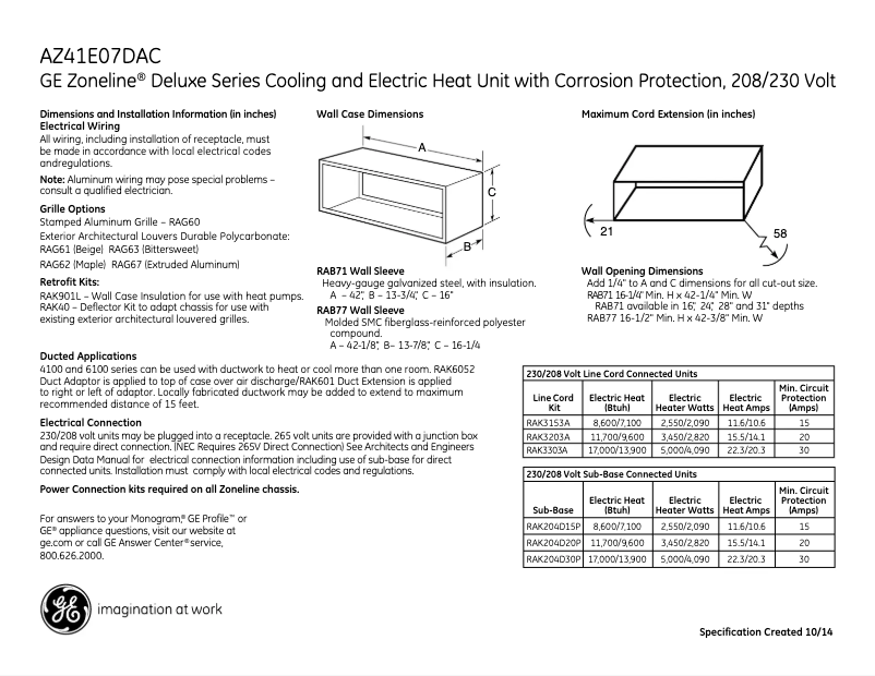 Page 1 de la notice Fiche technique GE AZ41E07DAC