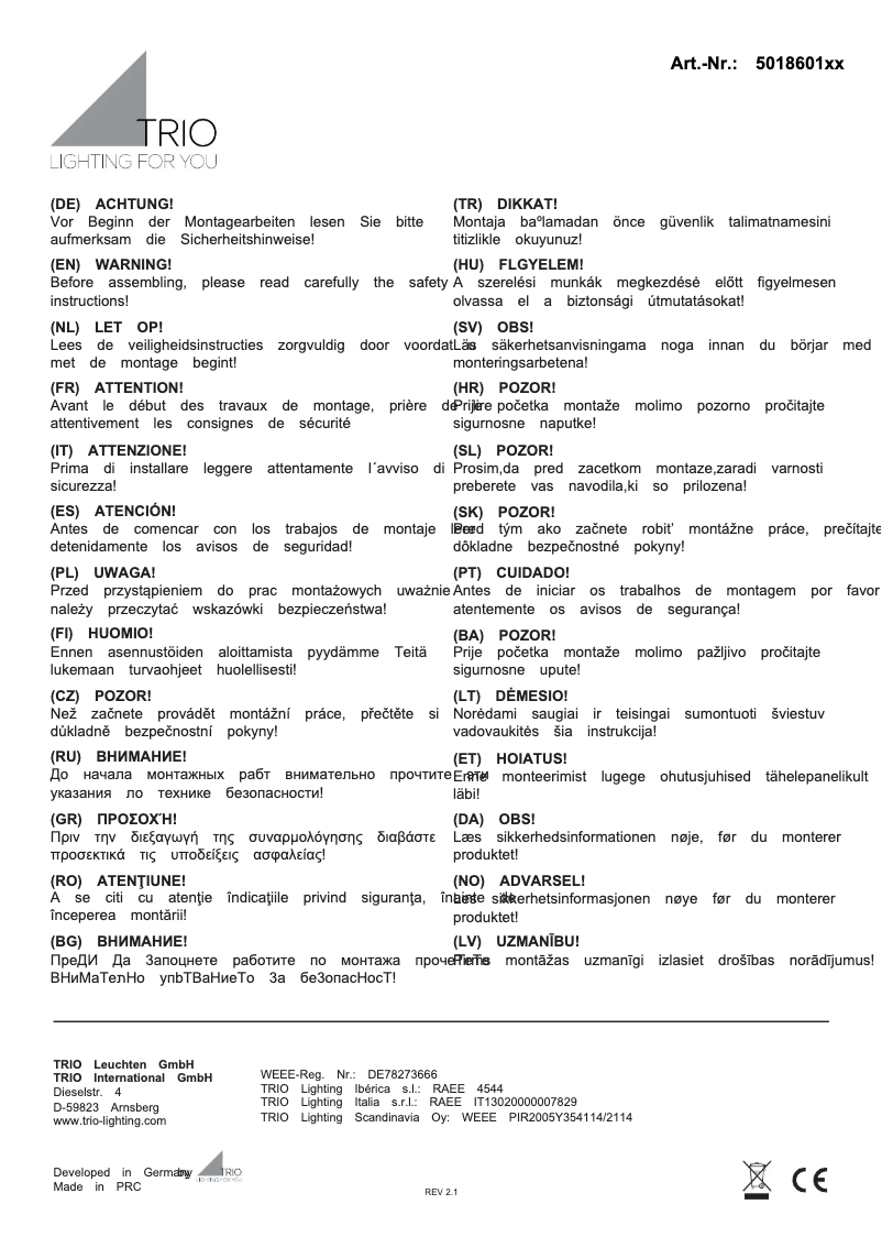 Page 1 de la notice Manuel utilisateur Trio Lighting Garonne 501860186