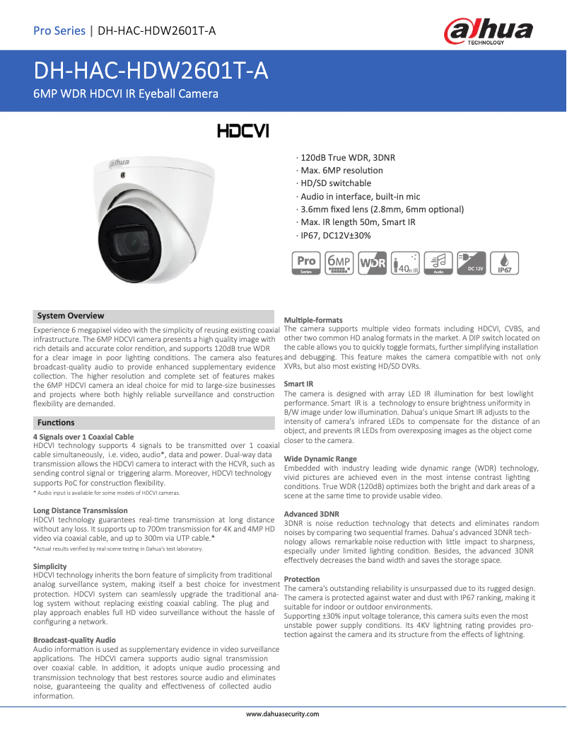 Page 1 de la notice Fiche technique Dahua Technology HAC-HDW2601T-A