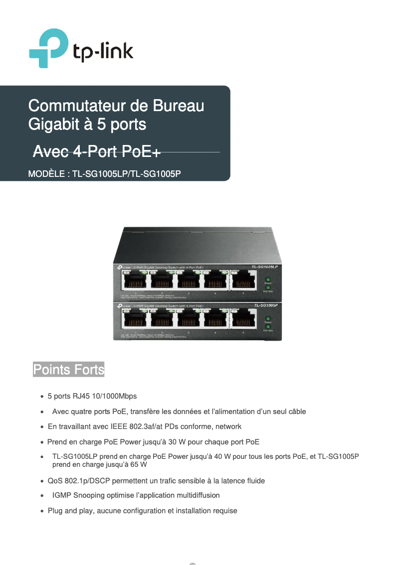 Page n°1 - Guide d'installation TP-Link TL-SG1005LP