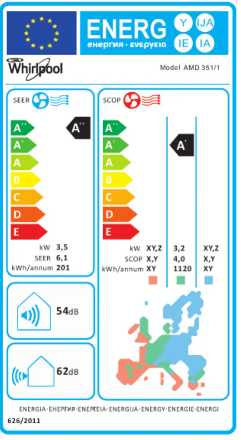 Page 1 de la notice Label énergétique Whirlpool AMD 351