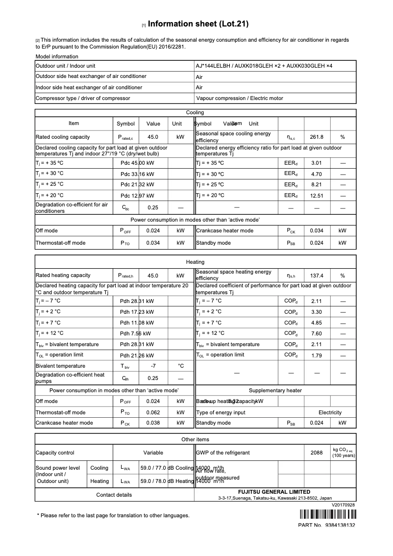 Page 1 de la notice Fiche technique Fujitsu Airstage AJY144LELBH