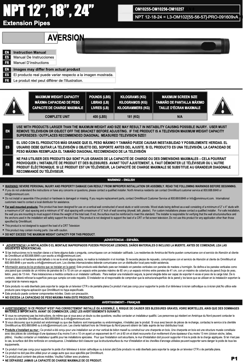 Page 1 de la notice Manuel utilisateur OmniMount NPT18