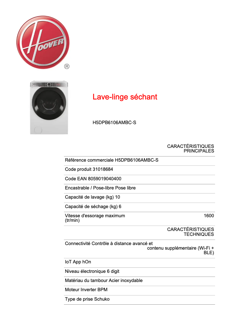 Page 1 de la notice Fiche technique Hoover H5DPB6106AMBC-S