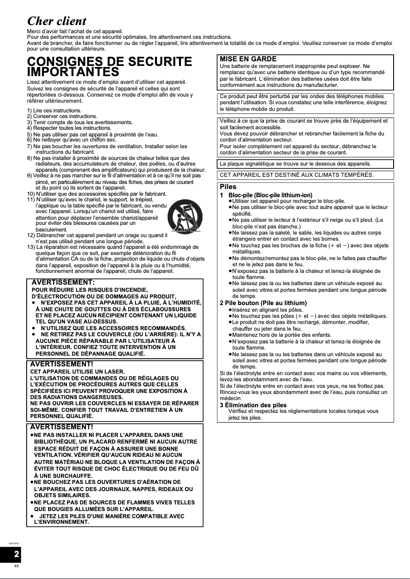 Page 1 de la notice Manuel utilisateur Panasonic DMP-B100