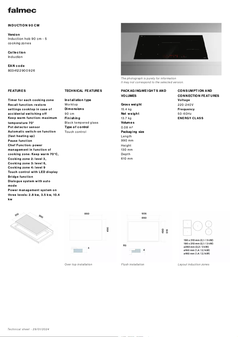 Page n°1 - Fiche technique Falmec Induction Hob 90 cm