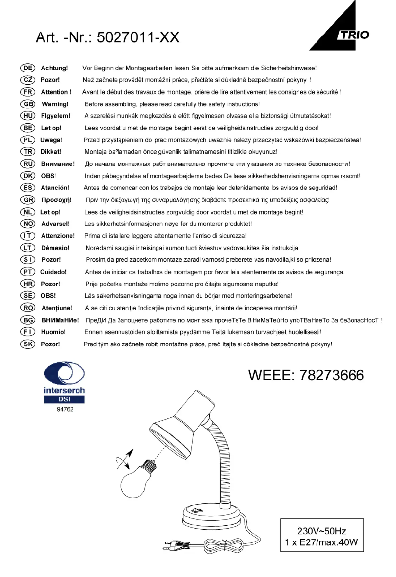 Page 1 de la notice Manuel utilisateur Trio Lighting Pronto 5027011-47