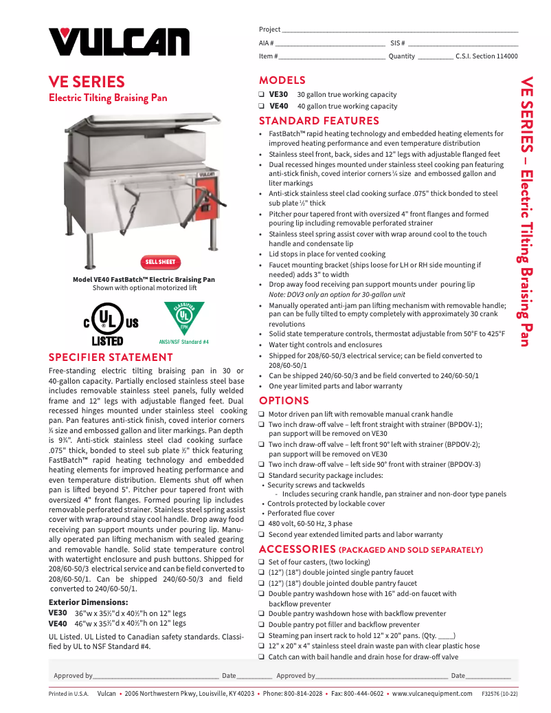 Page 1 de la notice Fiche technique Vulcan VE40