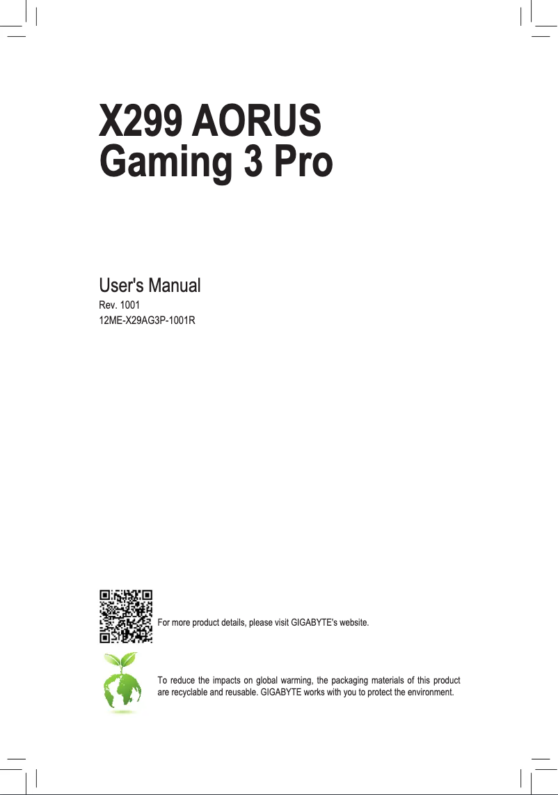 Page 1 de la notice Manuel utilisateur Gigabyte X299 Aorus Gaming 3 Pro