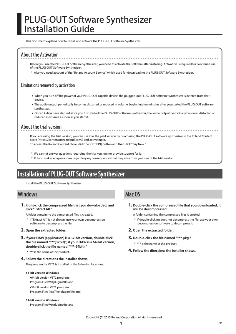 Page 1 de la notice Guide d'installation Roland Promars Plug-Out