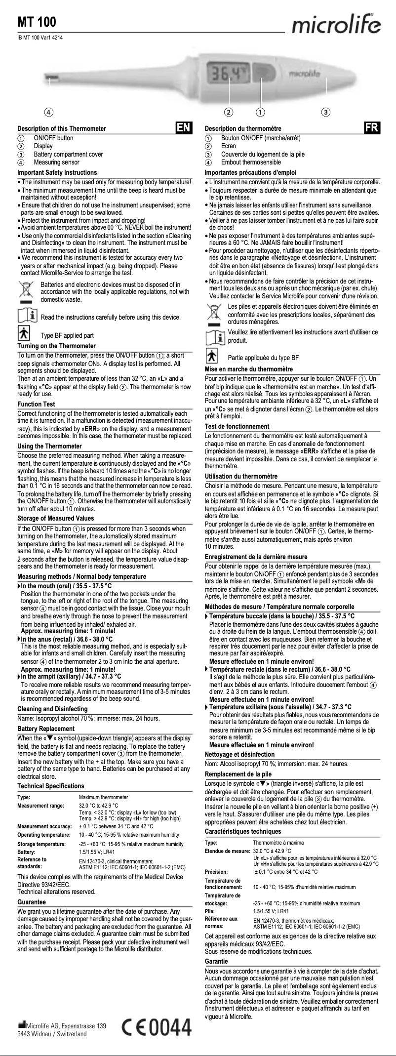 Page n°1 - Manuel utilisateur Microlife MT 100
