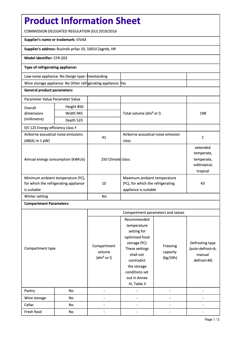 Page n°1 - Fiche technique Vivax CFR-203