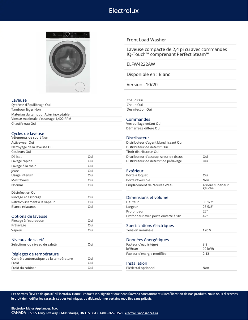 Página 1 del manual Ficha técnica Electrolux ELFW4222AW