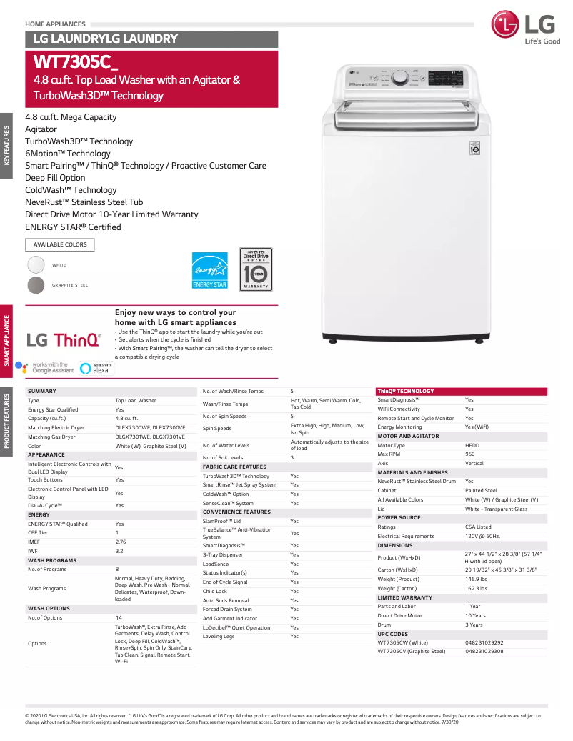 Page 1 de la notice Fiche technique LG WT7305CV