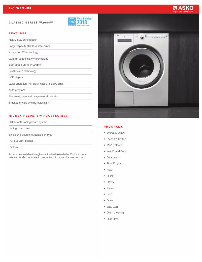 Page 1 de la notice Fiche technique Asko W2084W